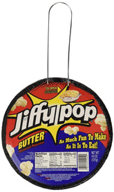 Jiffy Pop frente del paquete mostrando las unidades y beneficios para reuniones