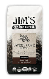 Jim's Organic Coffee frente del paquete mostrando diseño y tamaño, conservando frescura