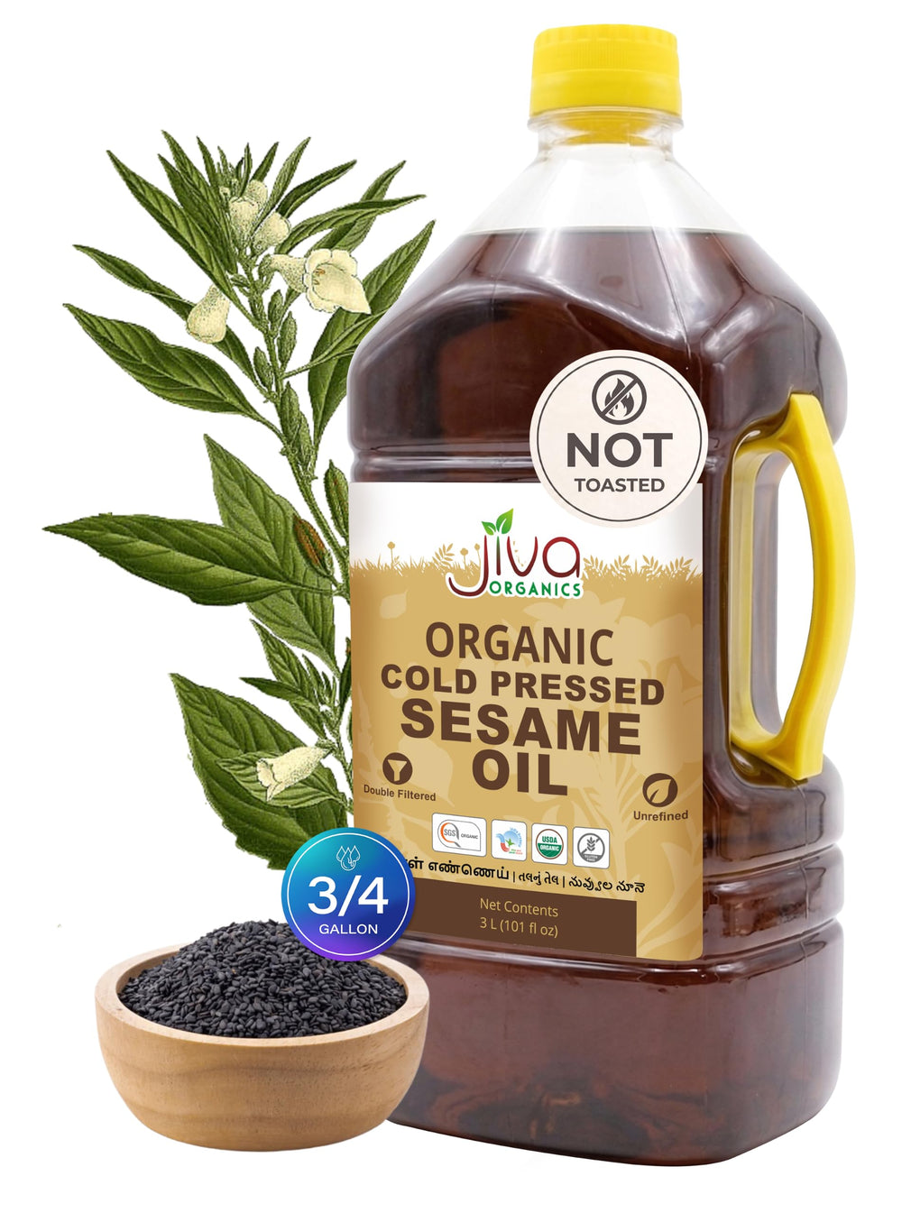 Jiva Organics frente del envase mostrando tamaño grande y uso versátil