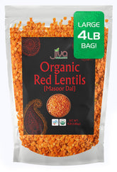 Jiva Organics bolsa frontal mostrando lentejas rojas y beneficio de cantidad a granel