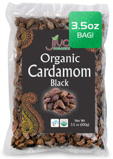 Jiva Organics paquete frontal mostrando cardamomo negro, aroma ahumado preservado