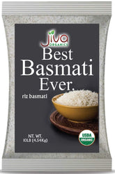Jiva Organics bolsa frontal mostrando 10 lb y pureza del producto