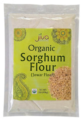 Jiva Organics frente del empaque mostrando la bolsa de harina sorgho y frescura