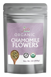 Jiva Organics bolsa frontal mostrando flores de manzanilla, calidad orgánica