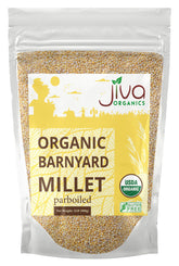 Jiva Organics paquete frontal mostrando mijo barnyard y beneficios orgánicos