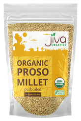 Jiva Organics empaque frontal mostrando mijo proso orgánico, beneficio de calidad pura