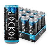 Jocko Fuel lata frontal mostrando diseño y sabor Blue Raspberry para impulso limpio