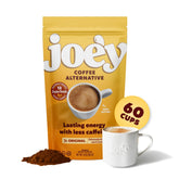 Joe'y envase frontal mostrando etiqueta y porciones, beneficio conveniencia