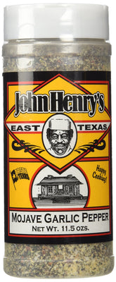 John Henry's envase frontal del Mojave Garlic Pepper Rub mostrando etiqueta y tamaño, ideal para cocinas