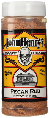 John Henry's Pecan Rub frasco frente mostrando tamaño y diseño, realza sabor ahumado