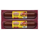 Johnsonville empaque frontal mostrando las dos salchichas listas para servir y compartir