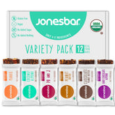 jonesbar pack frontal mostrando 12 barras y variedad de sabores, conveniencia