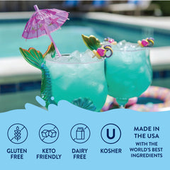 Jordan's Skinny Mixes jarabe mermaid vertido en vaso con hielo, crea bebida refrescante sin azúcar