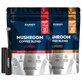 Journey Supplements frontal del pack Classic y Caramel mostrando envases y batidor, conveniencia diaria