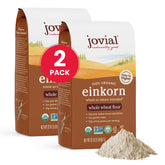 Jovial empaquetado frontal mostrando harina einkorn y cantidad clara
