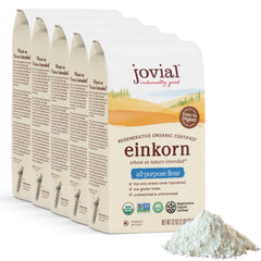 Jovial paquete frontal de einkorn mostrando sello orgánico y beneficio natural