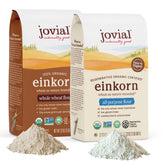 Jovial paquete frontal de einkorn 32 oz mostrando diseño y sello orgánico