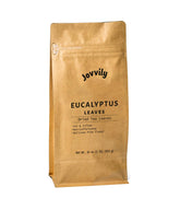 Jovvily hojas de eucalipto frente del envase mostrando frescura y conveniencia