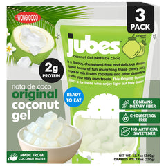 Jubes envase frontal con cubos pandan y nata de coco, atractiva presentación