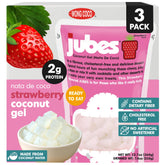 Jubes envase frontal mostrando cubos de nata de coco y fresa, conveniencia instantánea