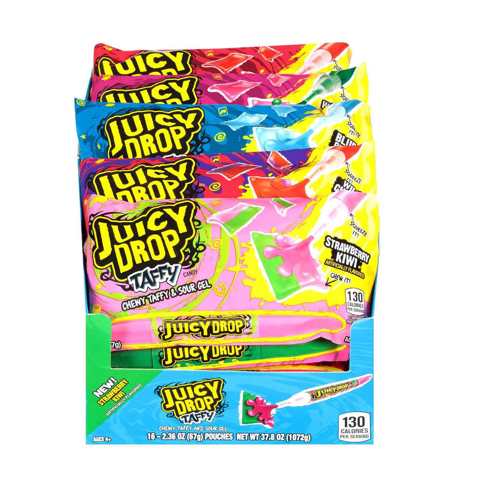 Juicy Drop paquete frontal con 16 taffy surtidos mostrando variedad
