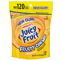 Juicy Fruit empaque frontal mostrando el pack de 3 y 120 piezas, conveniente para compartir
