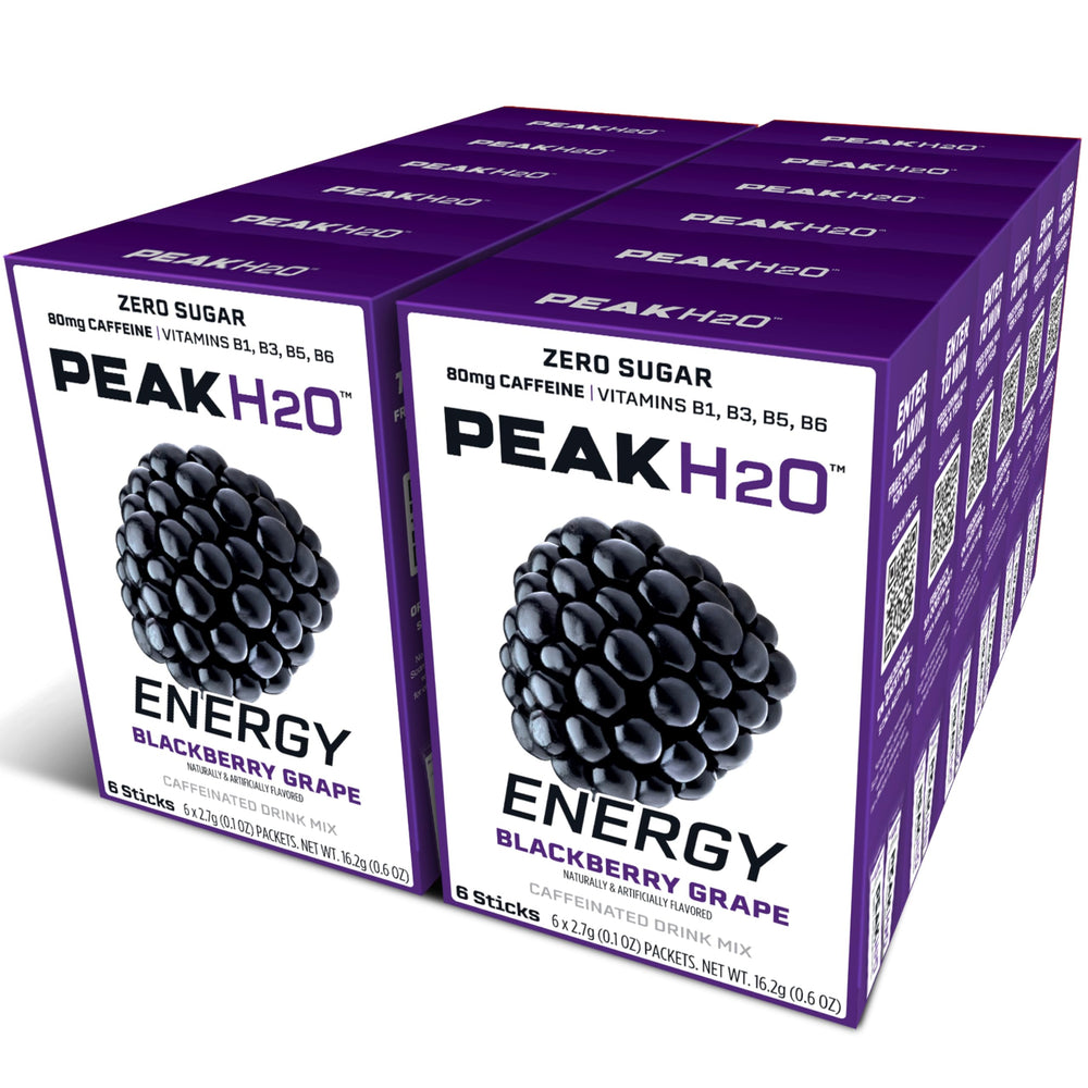 Juicy Mixes PeakH2O frente del paquete mostrando 72 sobres y sabor blackberry