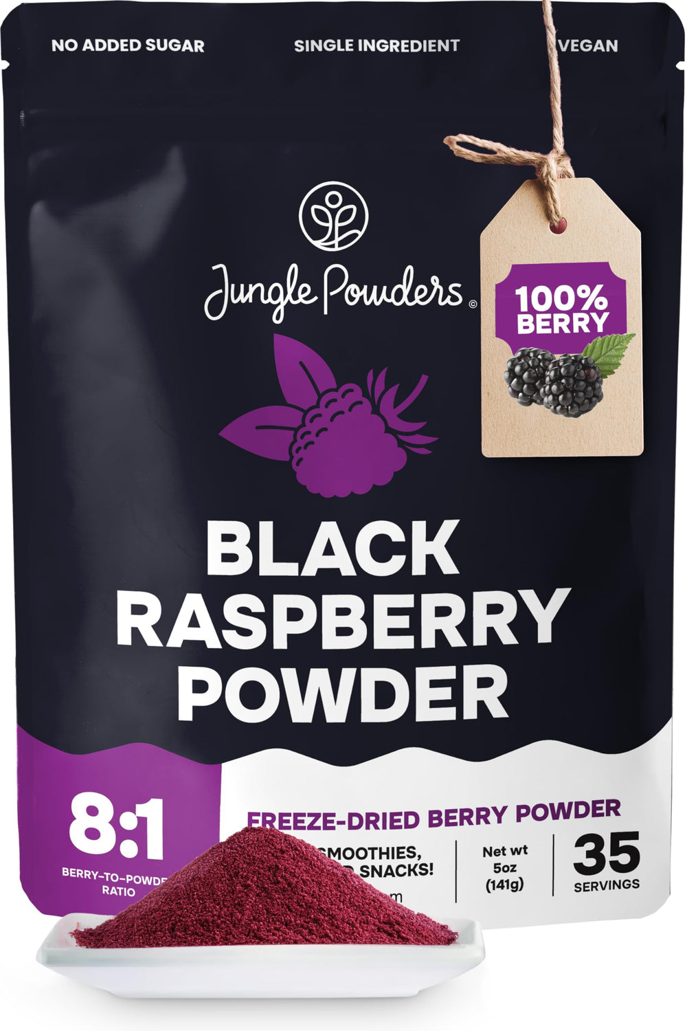 Jungle Powders empaque frontal de Black Raspberry, claridad del producto y frescura