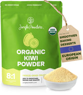 Jungle Powders empaque frontal de polvo de kiwi, práctico y orgánico