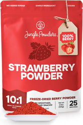 Jungle Powders empaque frontal de polvo de fresa muestra producto y beneficios