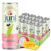JUNI lata frente del empaque tropical mostrando diseño y beneficio refrescante