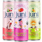 Juni pack frontal mostrando latas y variedad, refresco sin azúcar para estilo de vida