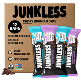 Junkless frente del empaque mostrando el paquete mixto de 12 barras y beneficios