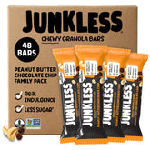 JUNKLESS empaque frontal de 48 barras mostrando formato a granel y conveniencia
