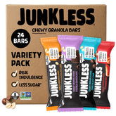 JUNKLESS paquete frontal mostrando las 24 barras y los sabores, práctico para llevar