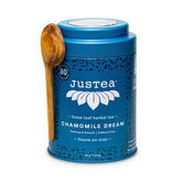 JusTea bote frontal del té CHAMOMILE DREAM mostrando etiqueta y presentación premium