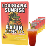 KaJun LOADED TEA frente del empaque mostrando sabor Louisiana Sunrise y ventaja portable