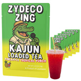 KaJun caja frontal del té Zydeco Zing mostrando sabor piña y tropical