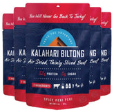 Kalahari Biltong vista frontal del paquete mostrando marca y sabor peri peri