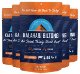 Kalahari Biltong paquete frontal mostrando marca y tamaño, práctico para llevar