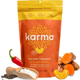 Karma anacardos envueltos frente del paquete mostrando el diseño y tamaño práctico