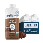 Kate Farms envase frontal chocolate mostrando 25 g proteína y certificaciones