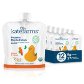 KATE FARMS pouch frontal con diseño y sabor calabaza y zanahoria beneficiando la comodidad