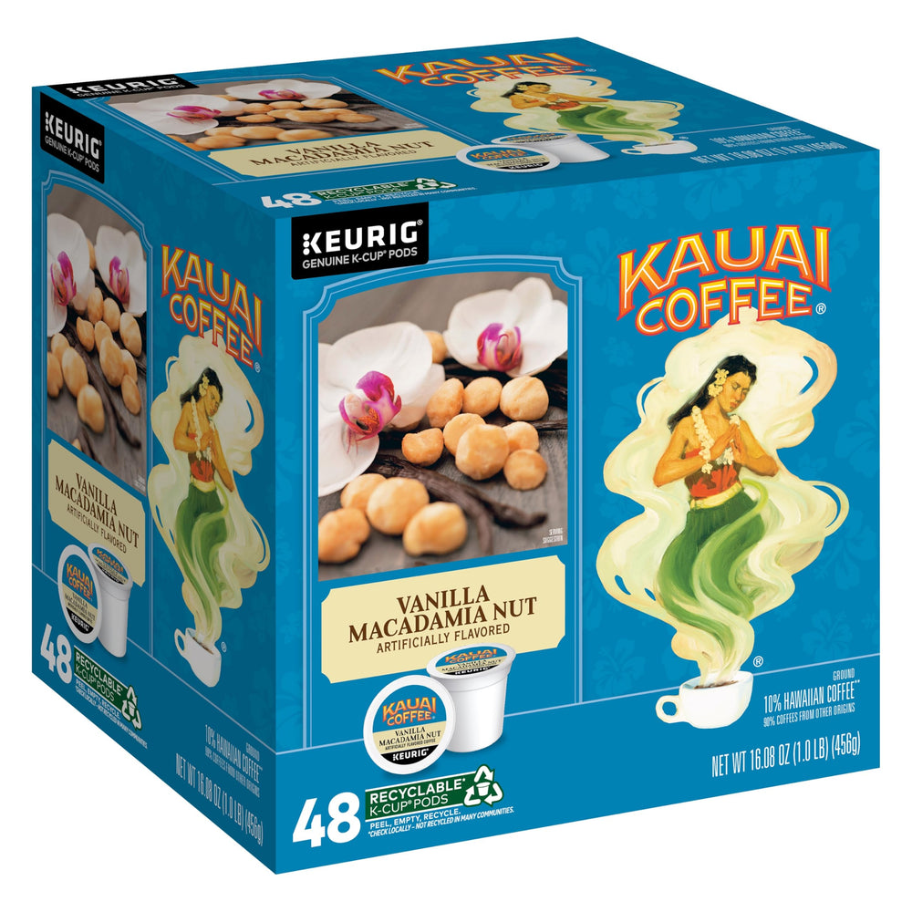 Kauai Coffee caja frontal de 48 K-Cup mostrando sabor vainilla macadamia y beneficio conveniencia