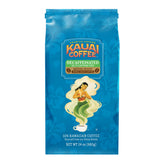 Kauai Coffee vista frontal del empaque 24 oz mostrando diseño y frescura
