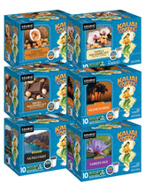 Kauai Coffee frente del pack mostrando los seis sabores y ventaja de variedad