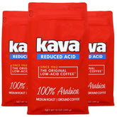 Kava frente del empaque mostrando el sello bajo en ácido y beneficio de menor acidez