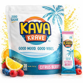 Kava Krave vista frontal de la caja mostrando 30 sobres, conveniencia portable