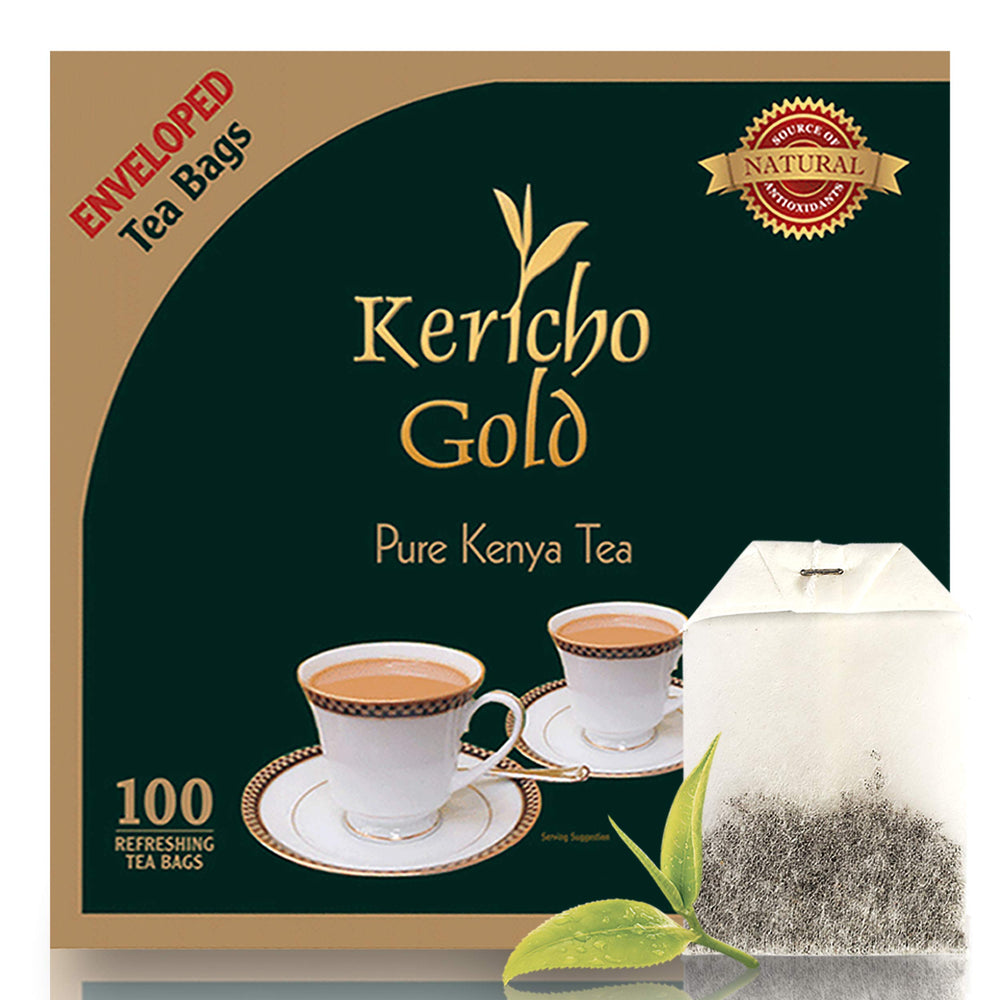 Kericho Gold frente del empaque mostrando 100 bolsitas y claridad del producto