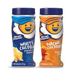 Kernel Season's frascos Cheddar vista frontal mostrando etiquetas claras y sabores